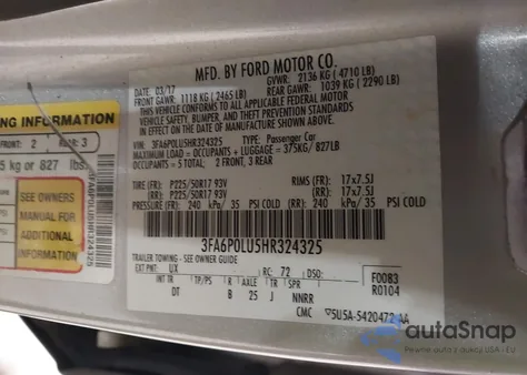 2017 Ford Fusion Hybrid Se z USA, uszkodzony, nr VIN 3FA6P0LU5HR324325